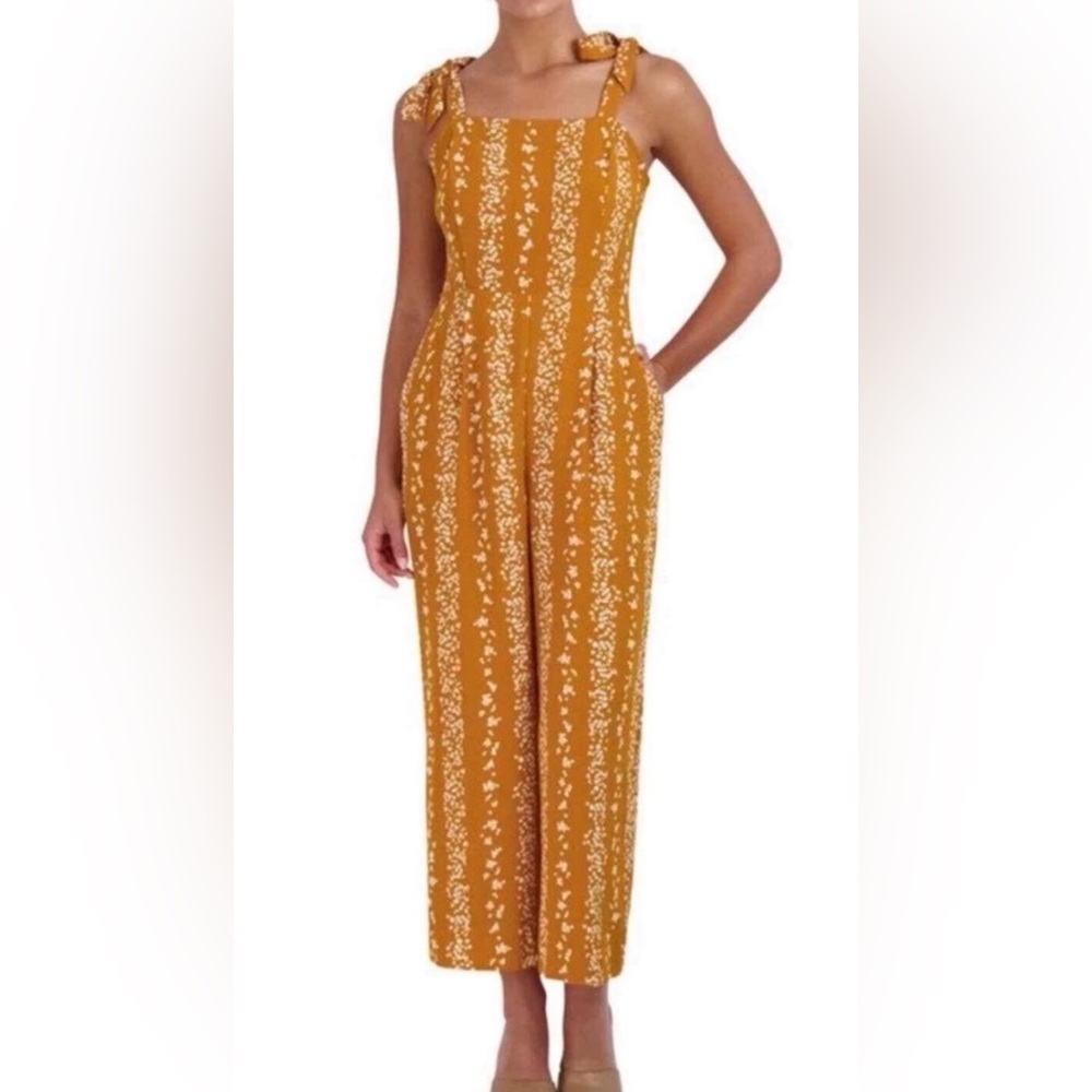 BCBG Paris Women's Ditsy Floral Shoulder-tie Wide-leg Jumpsuit with Back Cutout